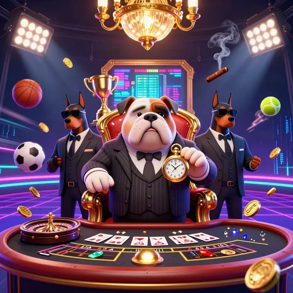Bulldog mafia dan dua Doberman di meja kasino neon, bola olahraga dan emas berkilau