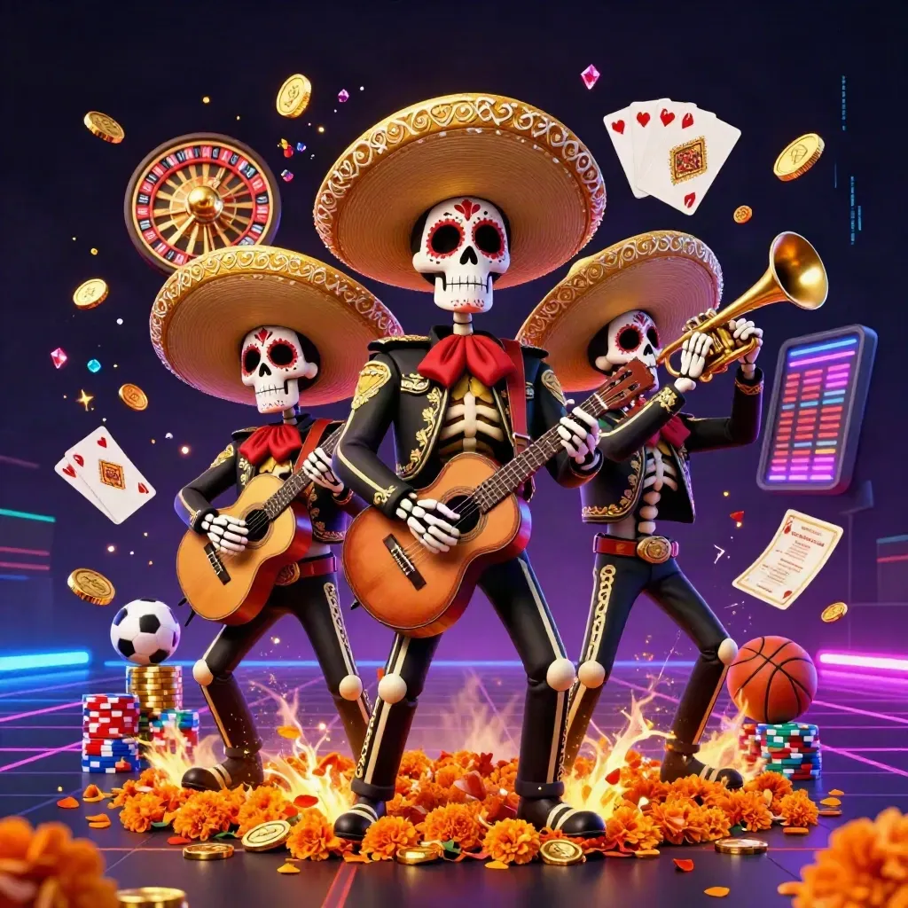 Tiga skeleton mariachi Day of the Dead di tengah ledakan koin, roulette, dan efek neon casino