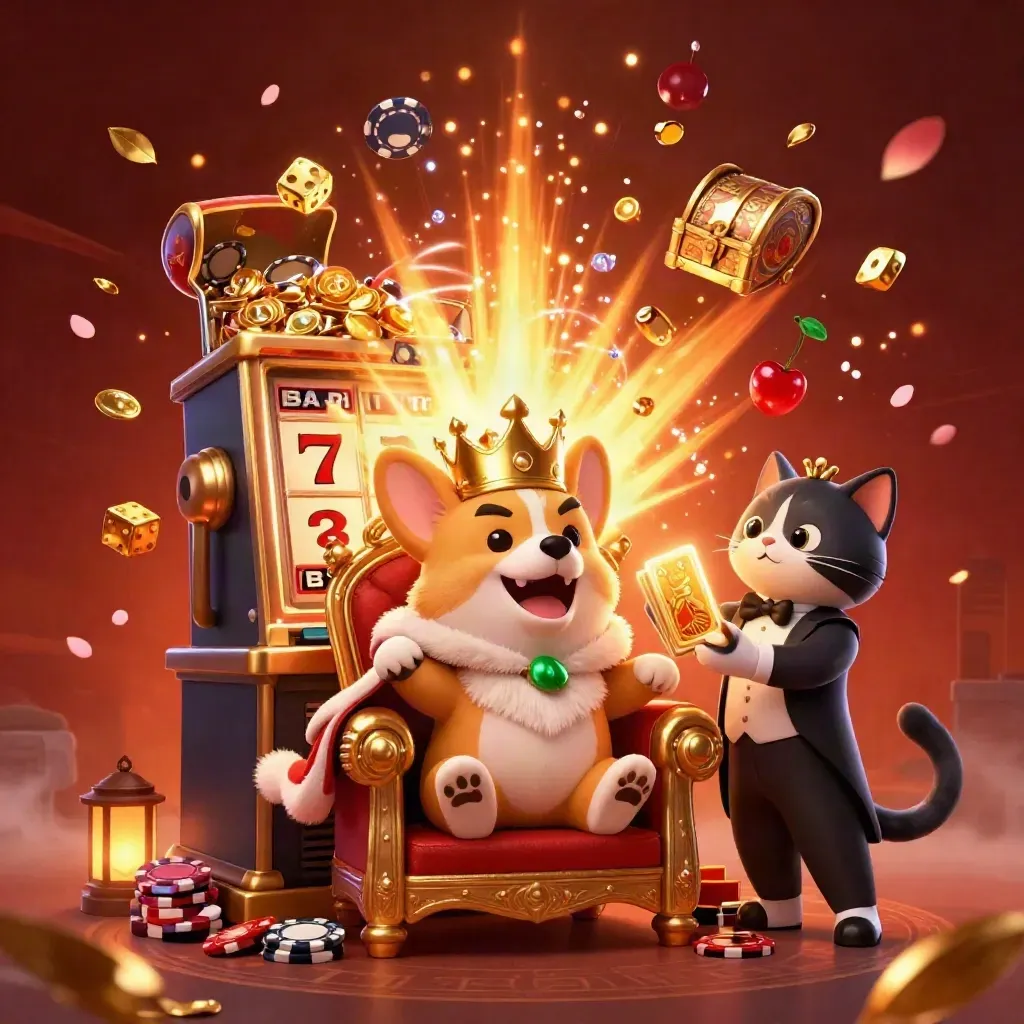 Korgi kerajaan dan kucing pelayan di tengah ledakan jackpot kasino neon emas.