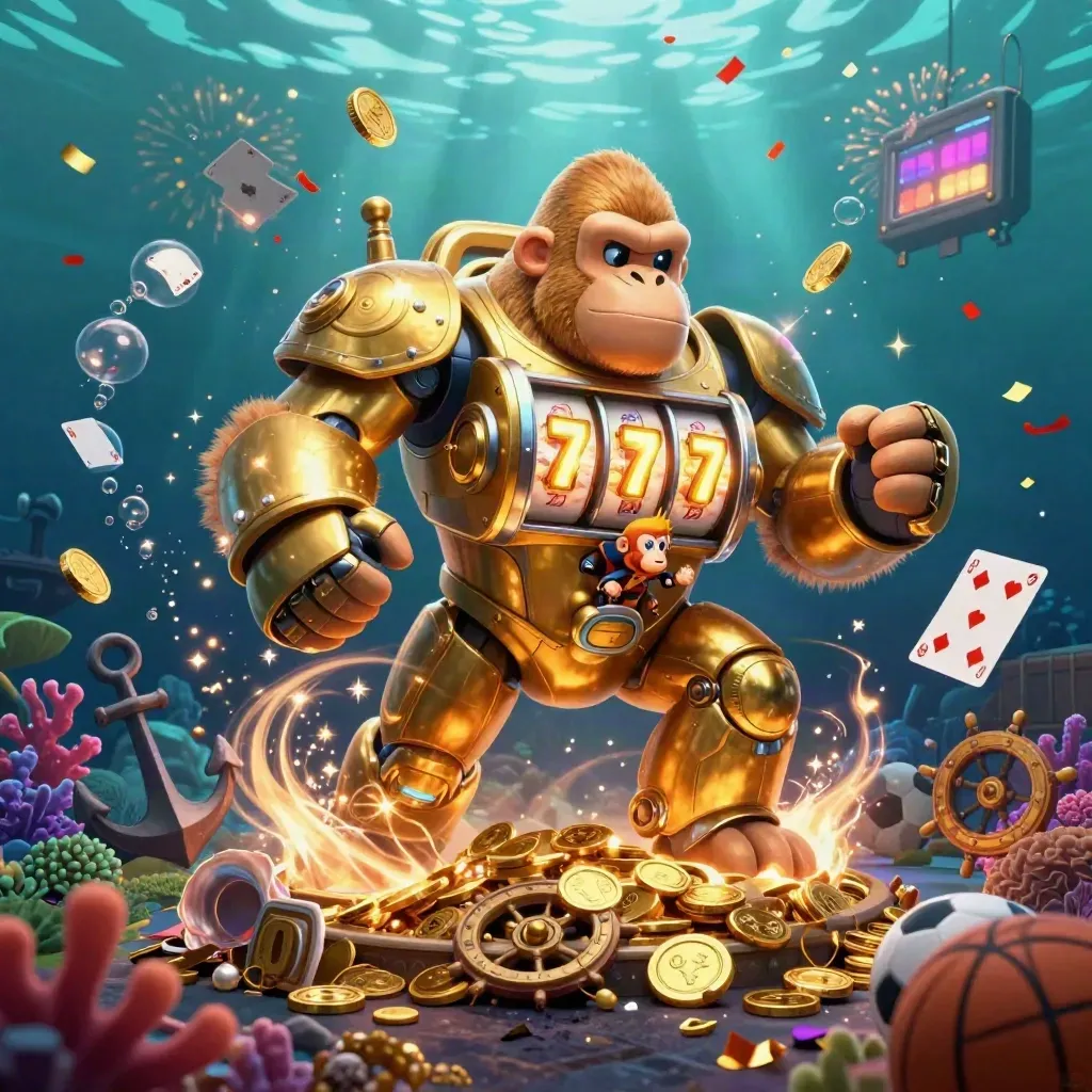 Monyet mech emas meledak dari harta karun bawah laut, koin, karang, bola, dan kilau api.