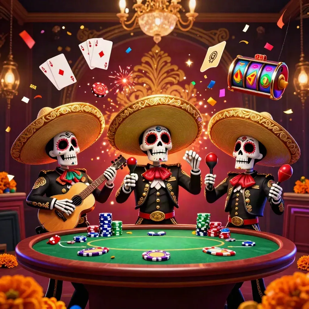 Tiga skeleton mariachi 3D di meja poker, kilau emas, neon mewah, efek jackpot.
